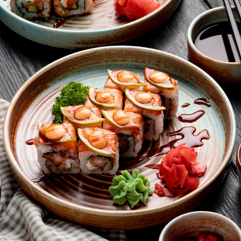 Platter of China House sushi rolls topped with salmon, sauce, and cucumber, served with ginger and wasabi.