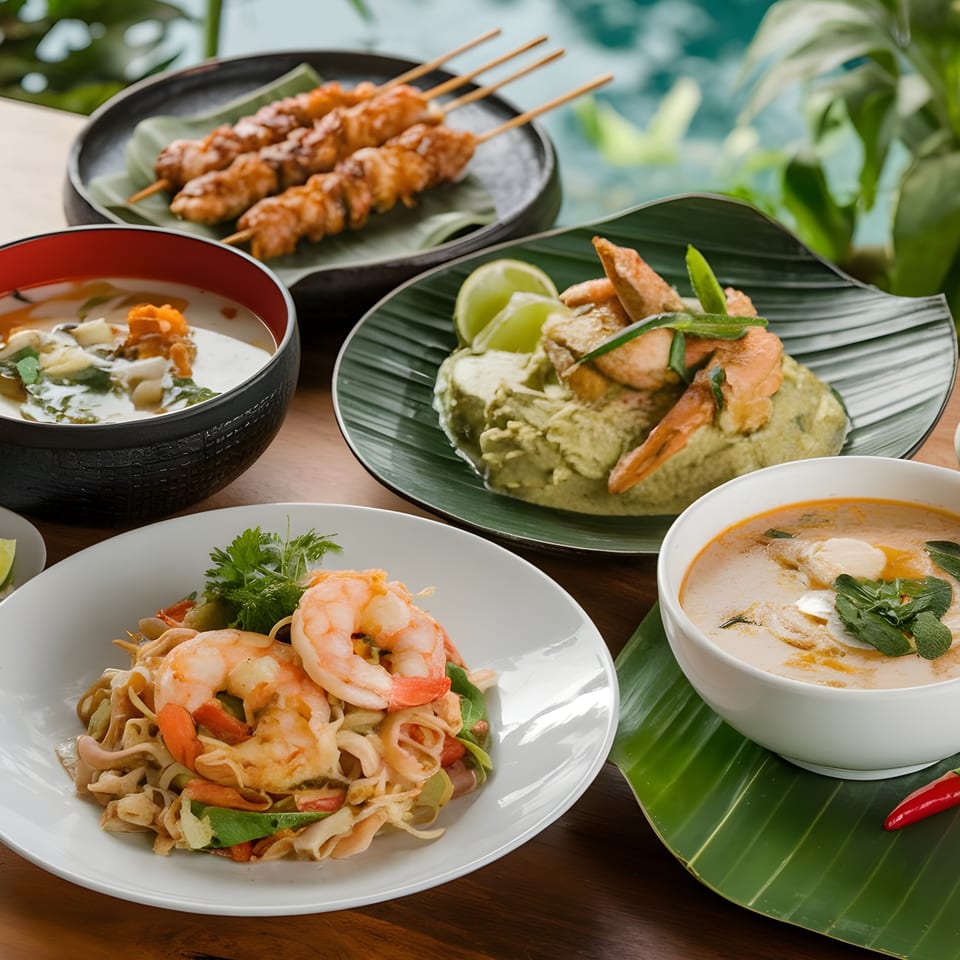 An array of Chinese dishes, including shrimp noodles, skewers, and soups, on a wooden table.